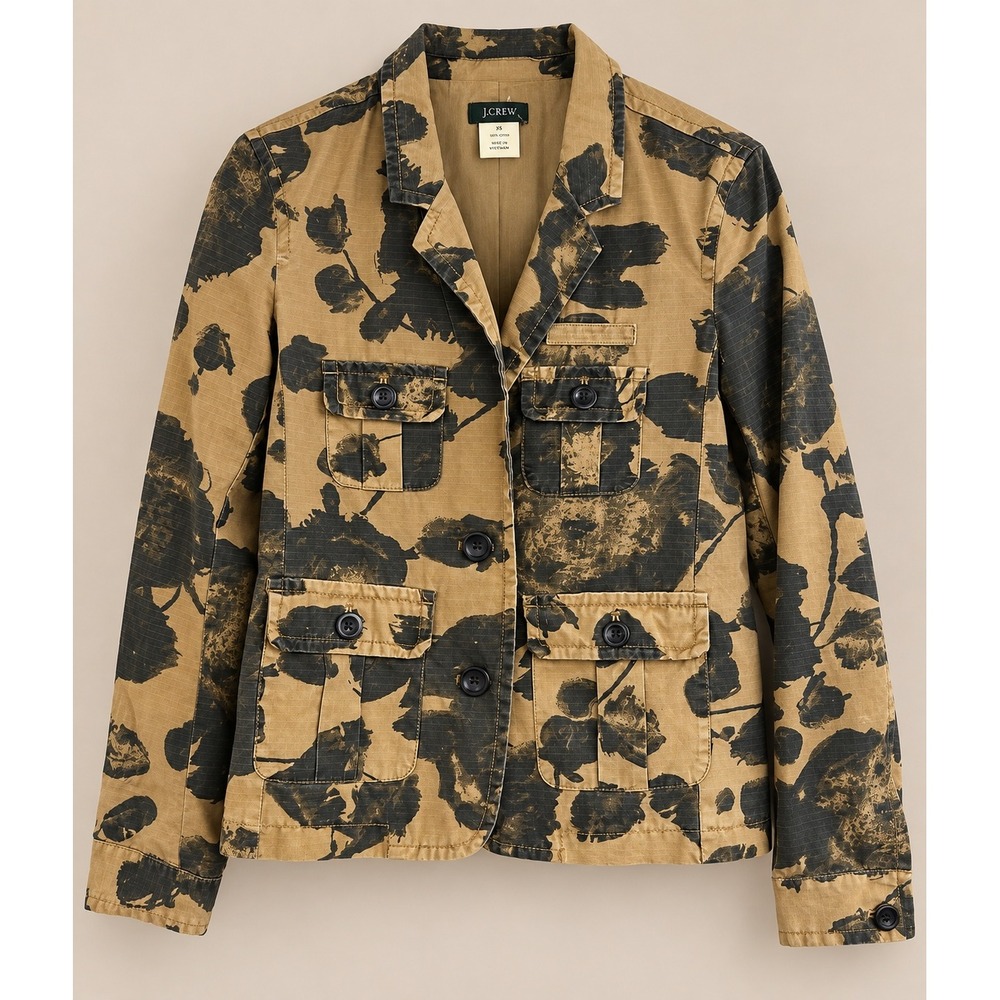 J.Crew Womens Utility Jacket XS Tan Floral Camo Cotton 4-Pocket Field Coat 22564